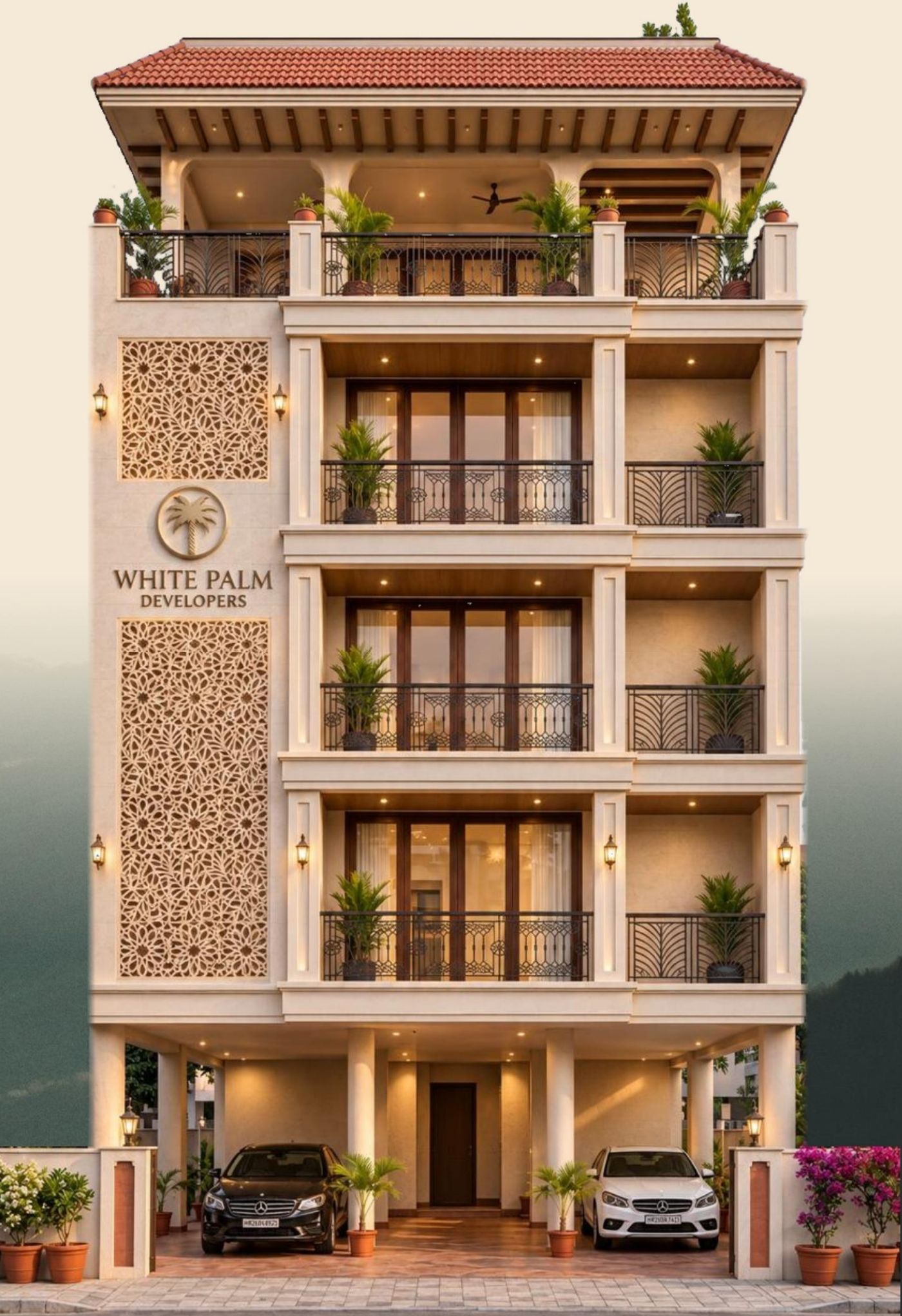 Elevation render of White Palm Sector 35: four residential floors over stilt parking with jaali panels and a tiled roof pergola