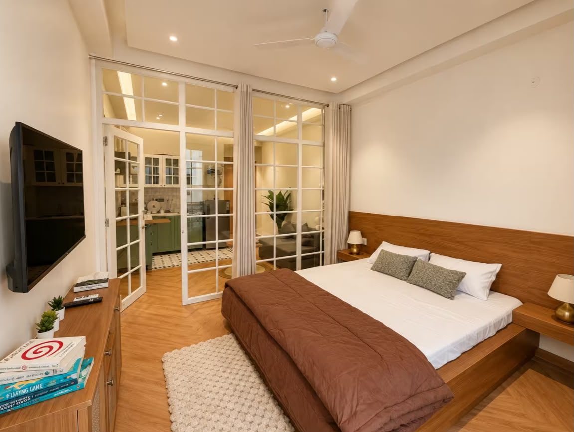 Master bedroom with glazed partition and wall-mounted TV