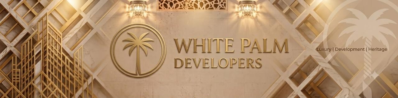 White Palm Developers emblem in gold on marble: Luxury, Development, Heritage